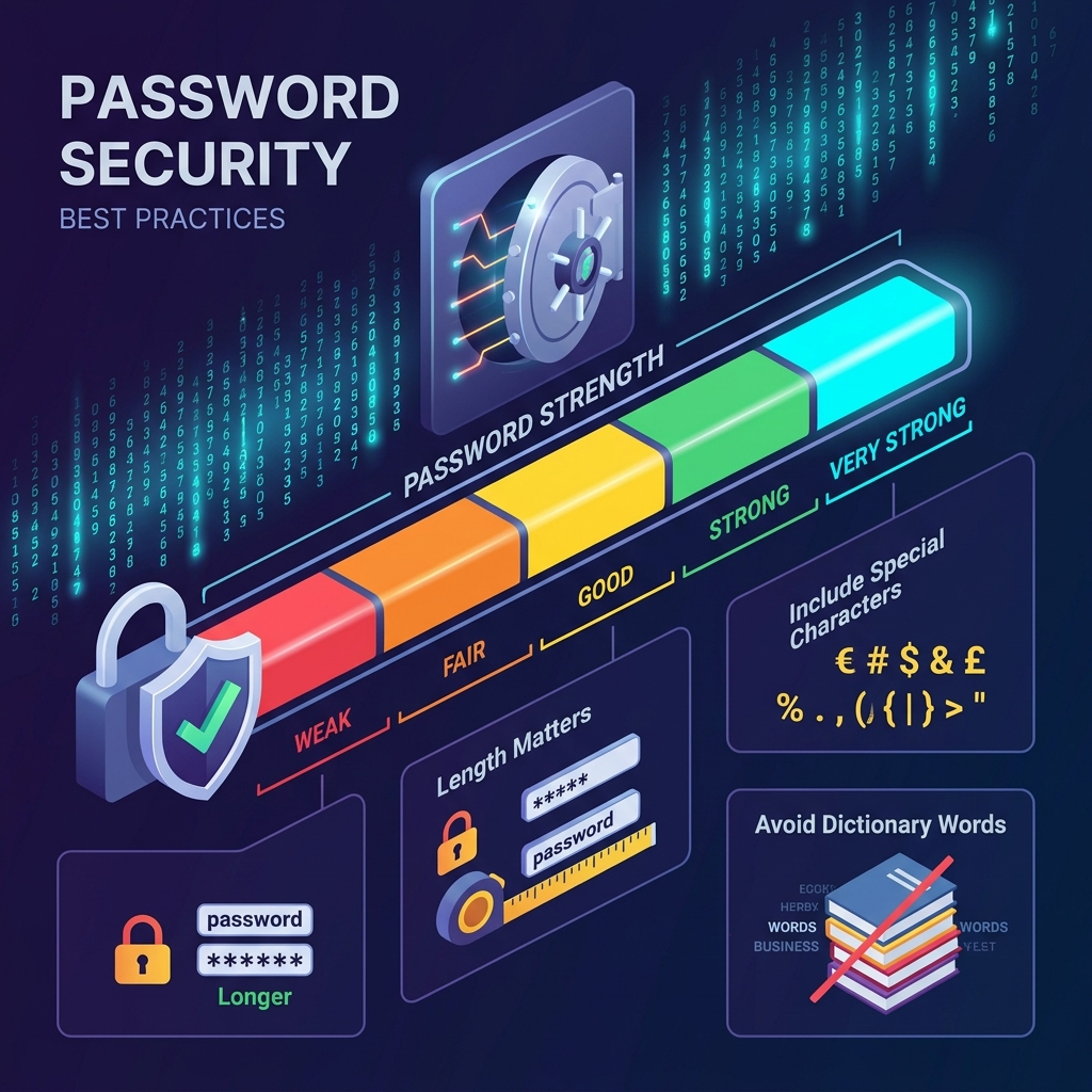 Password security best practices infographic showing strength meter from weak to very strong