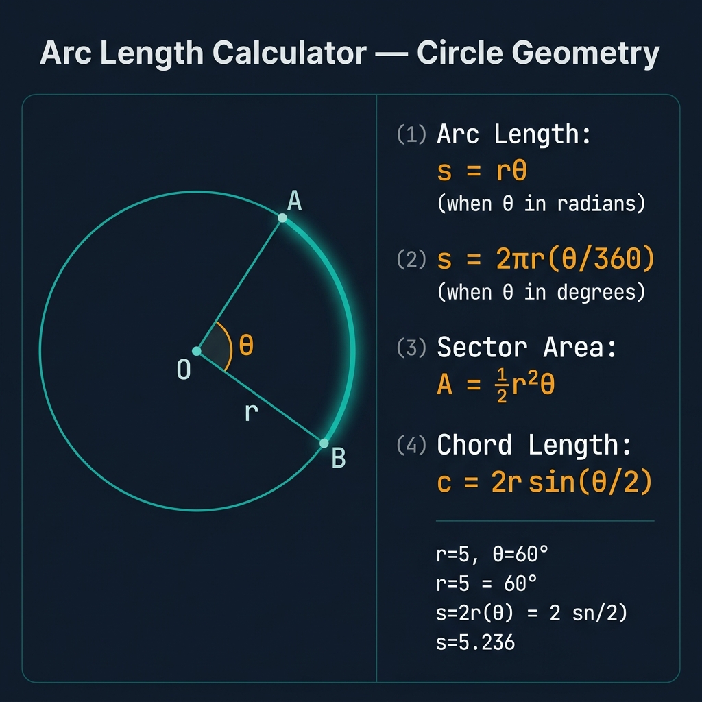Arc Length Calculator infographic showing a circle with labeled radius r, central angle θ in amber, and the arc AB highlighted in glowing teal, alongside the four key formulas: arc length s = rθ (radians), s = 2πr(θ/360) (degrees), sector area A = ½r²θ, and chord length c = 2r sin(θ/2), with a worked example for r=5 and θ=60°, on a premium dark navy background