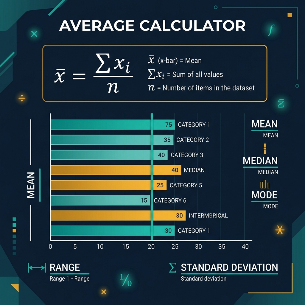 Average calculator infographic showing the arithmetic mean formula x-bar equals sum of xi divided by n, with a horizontal bar chart illustrating a data set and the mean highlighted as a vertical teal line, alongside labels for median, mode, range, and standard deviation