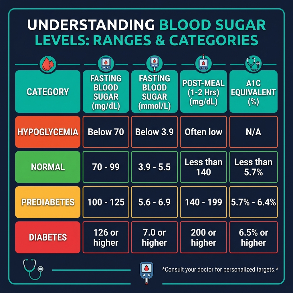 Blood glucose diagnostic range chart showing normal, prediabetes, and diabetes thresholds in both mg/dL and mmol/L for fasting, post-meal, and A1C measurements