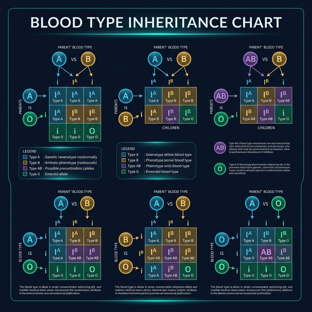 Blood type inheritance chart showing Punnett square diagrams for all parent ABO combinations, with probability percentages for each possible child blood type outcome