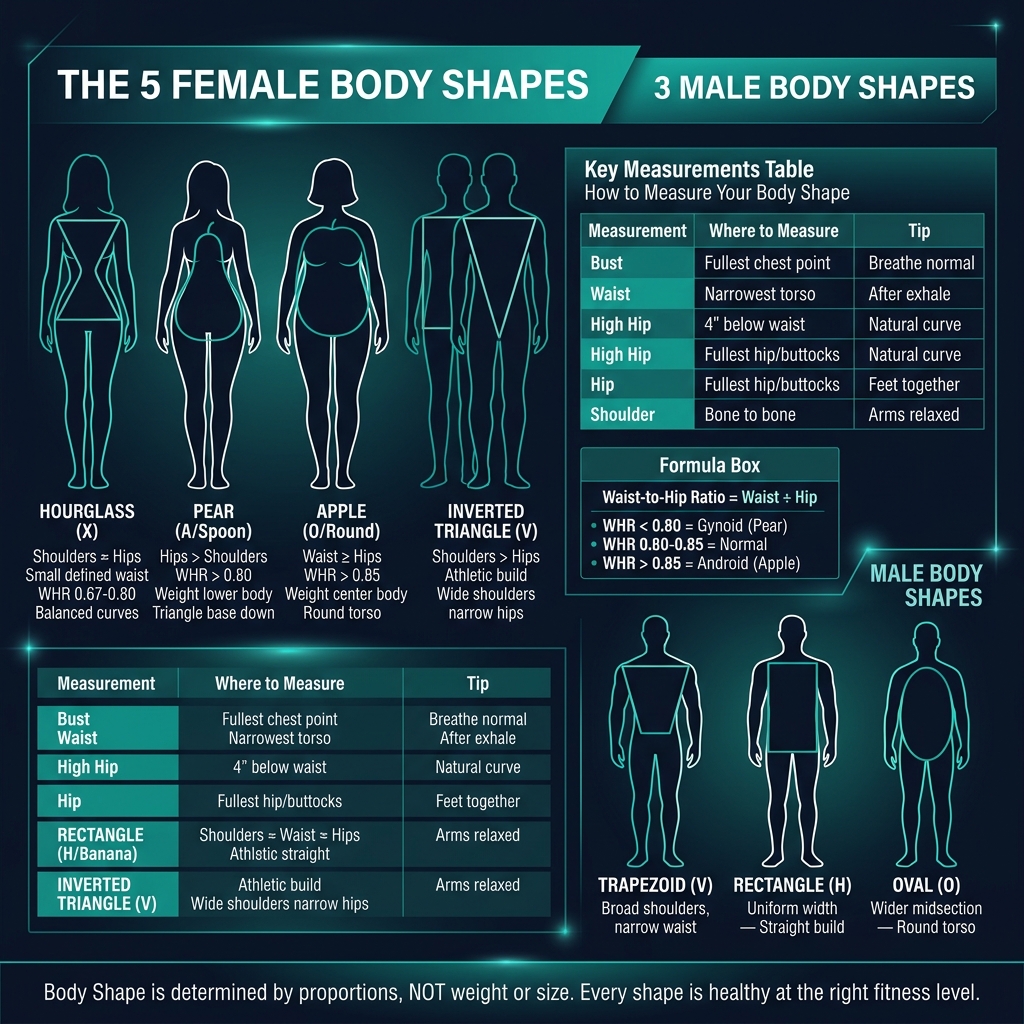 Body shape types reference guide showing hourglass, pear, apple, rectangle and inverted triangle silhouettes with waist-to-hip ratio formulas