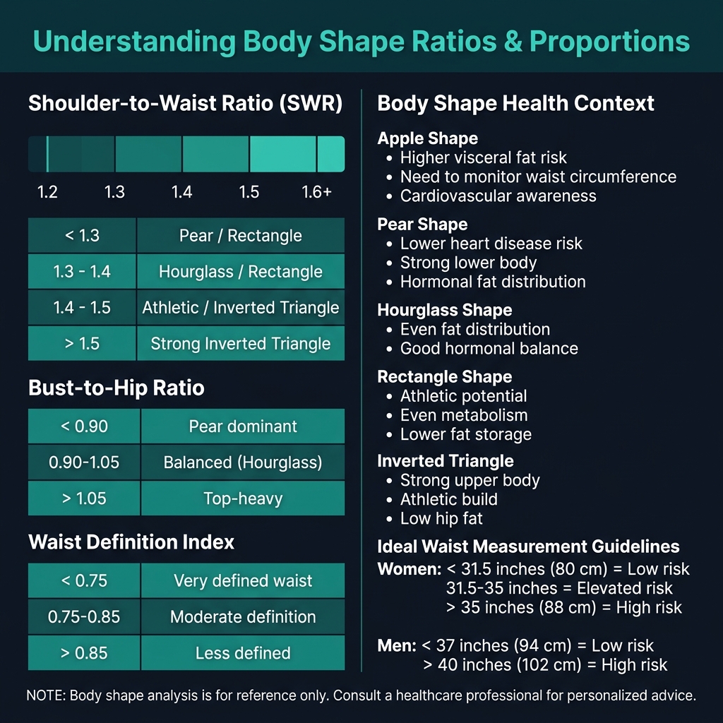 Body shape measurement ratios and health risk guidelines for waist circumference and proportions