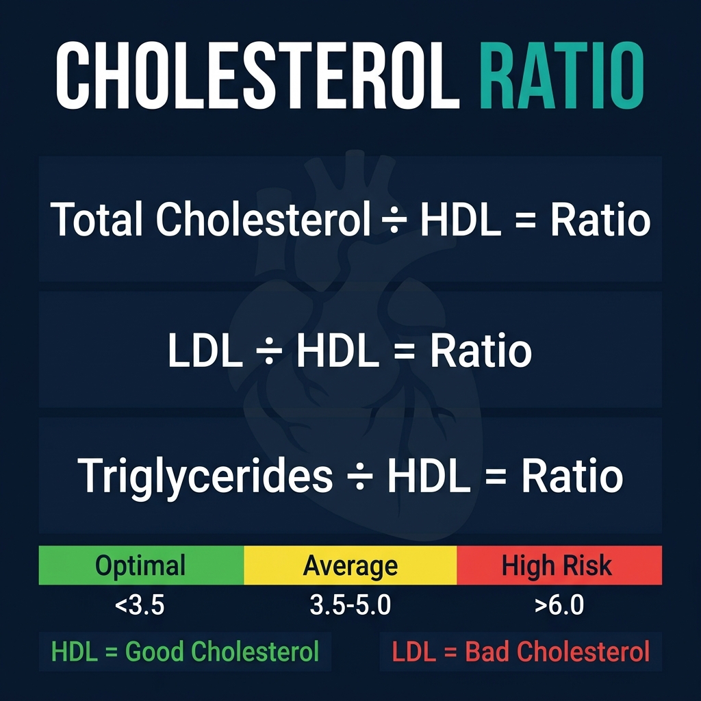 Cholesterol ratio calculator infographic showing Total/HDL ratio formula, LDL/HDL ratio formula, and Triglycerides/HDL ratio with color-coded risk zones from optimal to very high risk