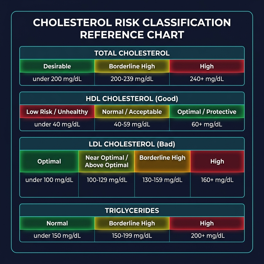 Cholesterol risk classification chart showing color-coded cardiovascular risk zones for Total/HDL ratio, LDL/HDL ratio, and Triglycerides/HDL ratio with NCEP and AHA threshold references