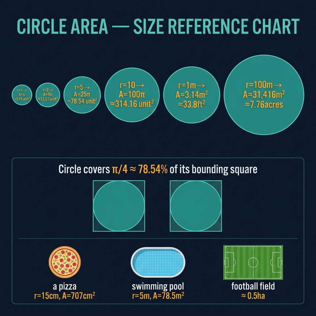 Circle area size reference chart showing six teal circles of increasing radius from r equals 1 to r equals 100 meters with amber formulas, real-world scale references including pizza slice radius 15 cm area 707 cm squared swimming pool radius 5m area 78.5 m squared and football field approximately 0.5 hectare, and comparison showing circle covers pi over 4 approximately 78.54 percent of bounding square on dark navy background