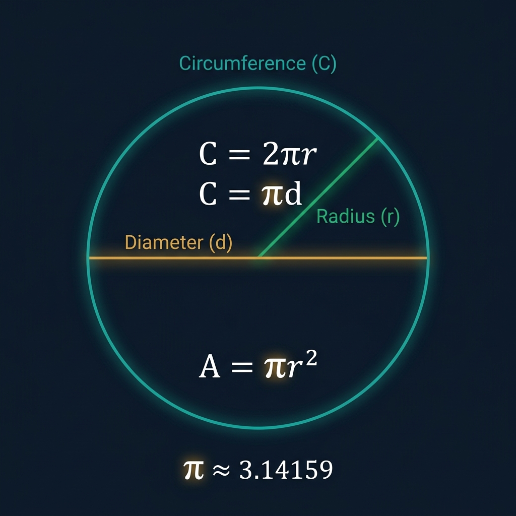Circumference calculator infographic showing a circle with labeled radius (r, green), diameter (d, amber), and circumference (C, teal), with formulas C = 2πr, C = πd, and A = πr² on a dark navy background