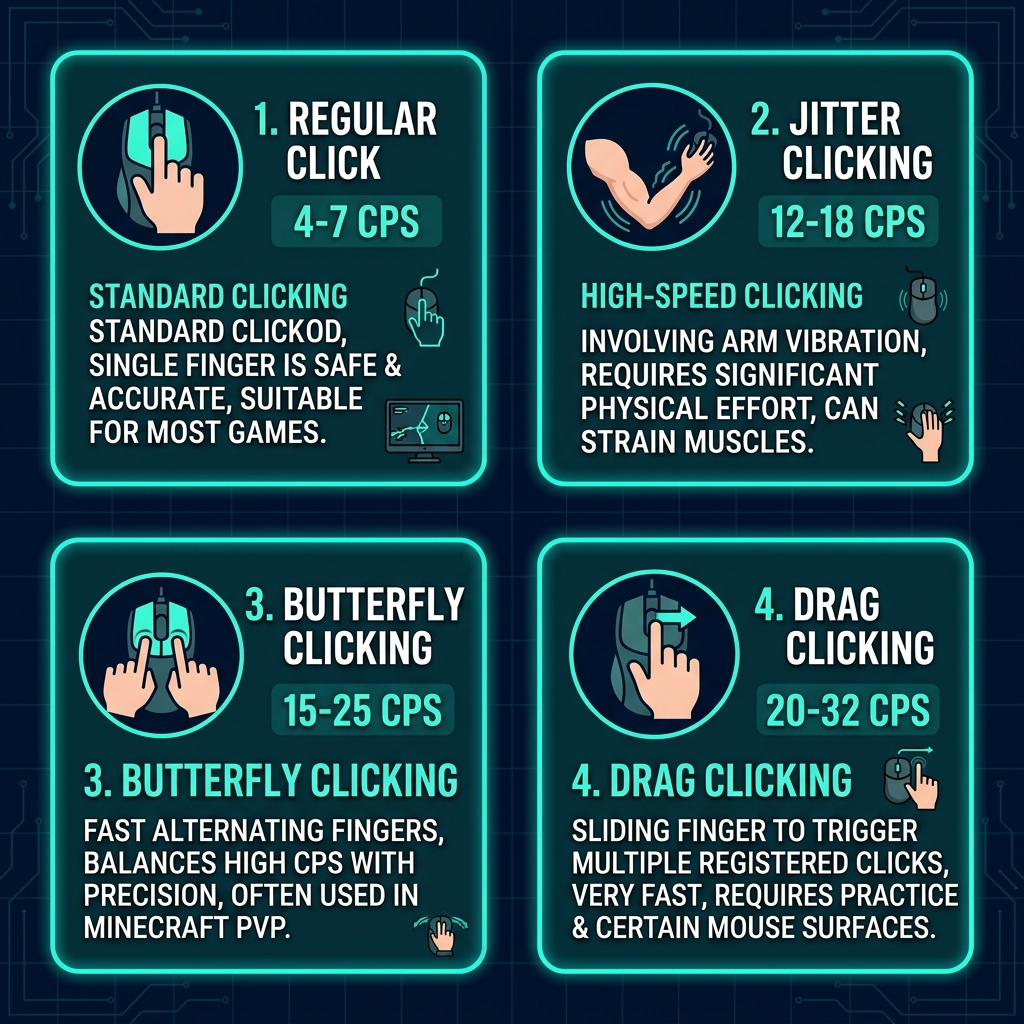 Comparison of clicking techniques: regular, jitter, butterfly, and drag clicking