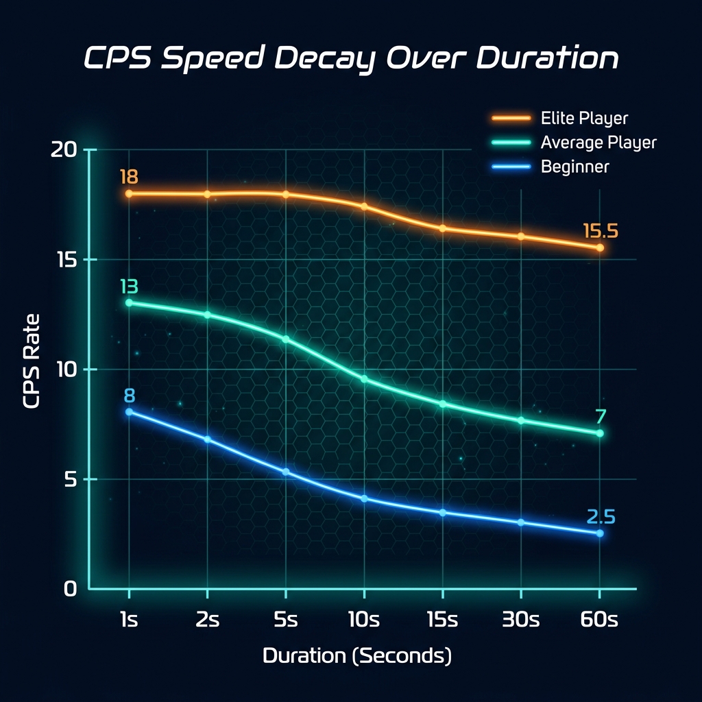 CPS speed decay chart across different test durations showing how clicking speed changes over time