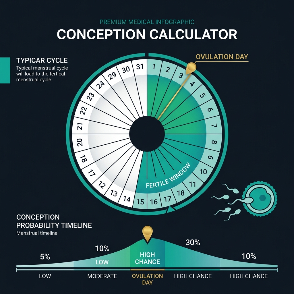 Conception calculator infographic showing ovulation date calculation formula, 6-day fertile window, sperm and egg lifespan, and daily conception probability percentages across the menstrual cycle