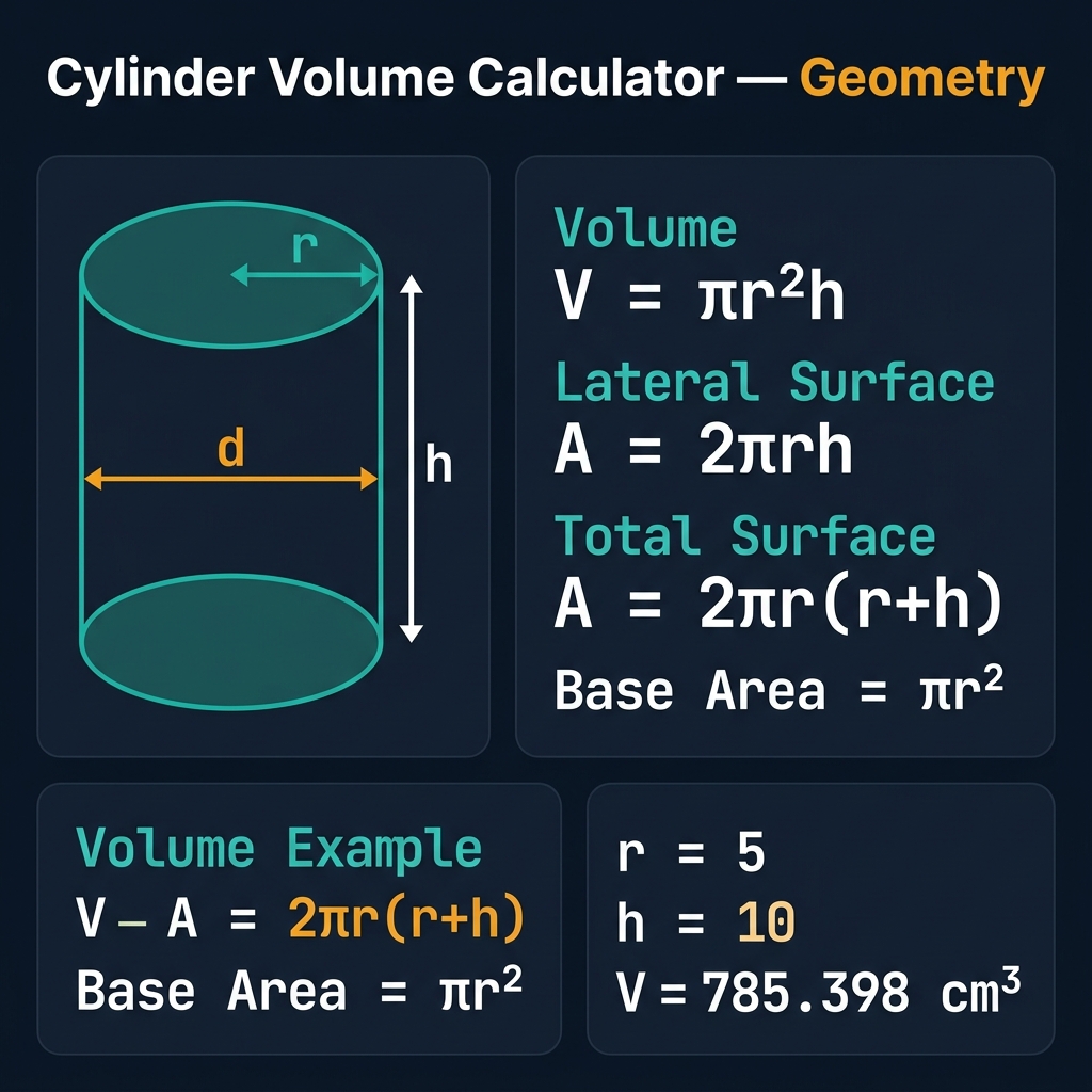 Cylinder Volume Calculator infographic showing a 3D cylinder with labeled radius r (teal), diameter d (amber), and height h (white), alongside the four main formulas: V = πr²h, Lateral Surface = 2πrh, Total Surface = 2πr(r+h), Base Area = πr², with a worked example for r=5 and h=10 giving V=785.398 cm³, on a dark navy premium background