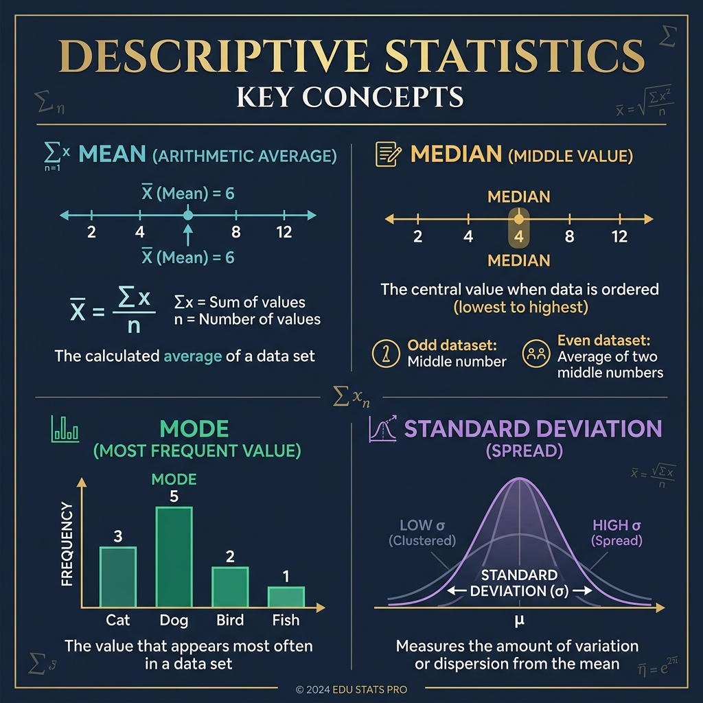 Descriptive statistics chart showing four types of average: arithmetic mean (teal), median (amber/gold), mode (emerald green), and standard deviation bell curve (purple), each illustrated with a small diagram on a dark navy background