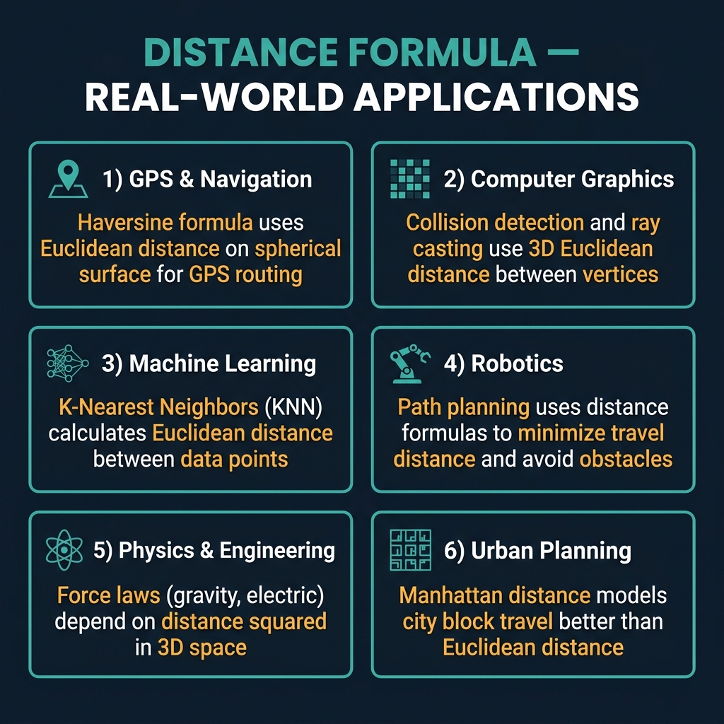 Distance Formula real-world applications chart showing six use cases: GPS and navigation using Haversine formula for spherical distance, computer graphics using 3D Euclidean distance for collision detection, machine learning using distance metrics for K-Nearest Neighbors, robotics using path planning algorithms, physics using inverse-square laws, and urban planning using Manhattan distance for city block routing, on a dark navy background with teal bordered cards