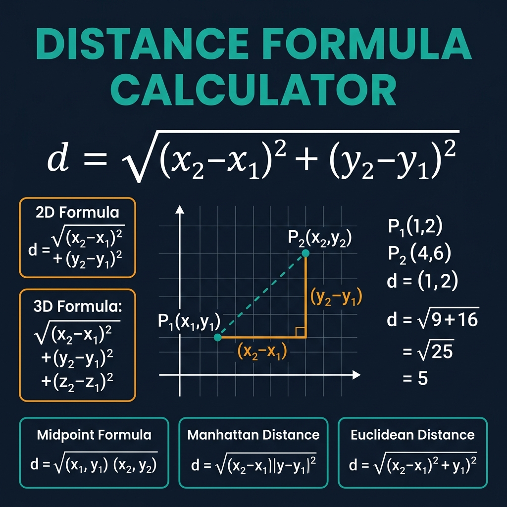 Distance Formula Calculator infographic showing the Euclidean distance formula d equals square root of the sum of squared differences in x and y coordinates, a coordinate grid with two points P1 and P2 connected by a dashed teal line and a right triangle illustrating the horizontal and vertical legs, worked example with P1(1,2) and P2(4,6) giving d equals 5, and separate cards for 2D and 3D formulas on a dark navy background with teal and amber accents