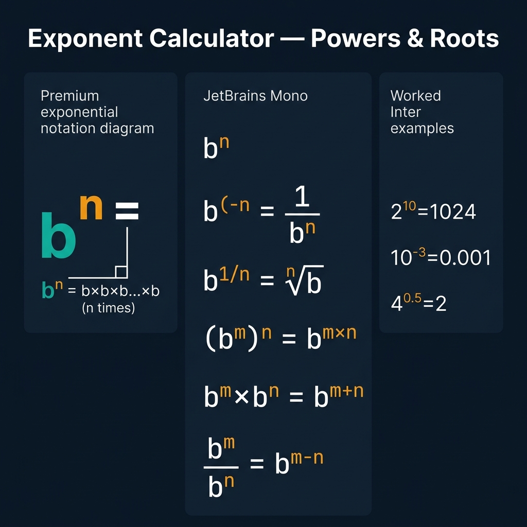 Exponent Calculator infographic showing the base b in teal and exponent n in amber notation, key formulas for basic power bⁿ, negative exponent b^(-n)=1/bⁿ, fractional exponent b^(1/n) = nth root of b, and worked examples 2^10=1024, 10^-3=0.001, 4^0.5=2, on a dark navy premium background
