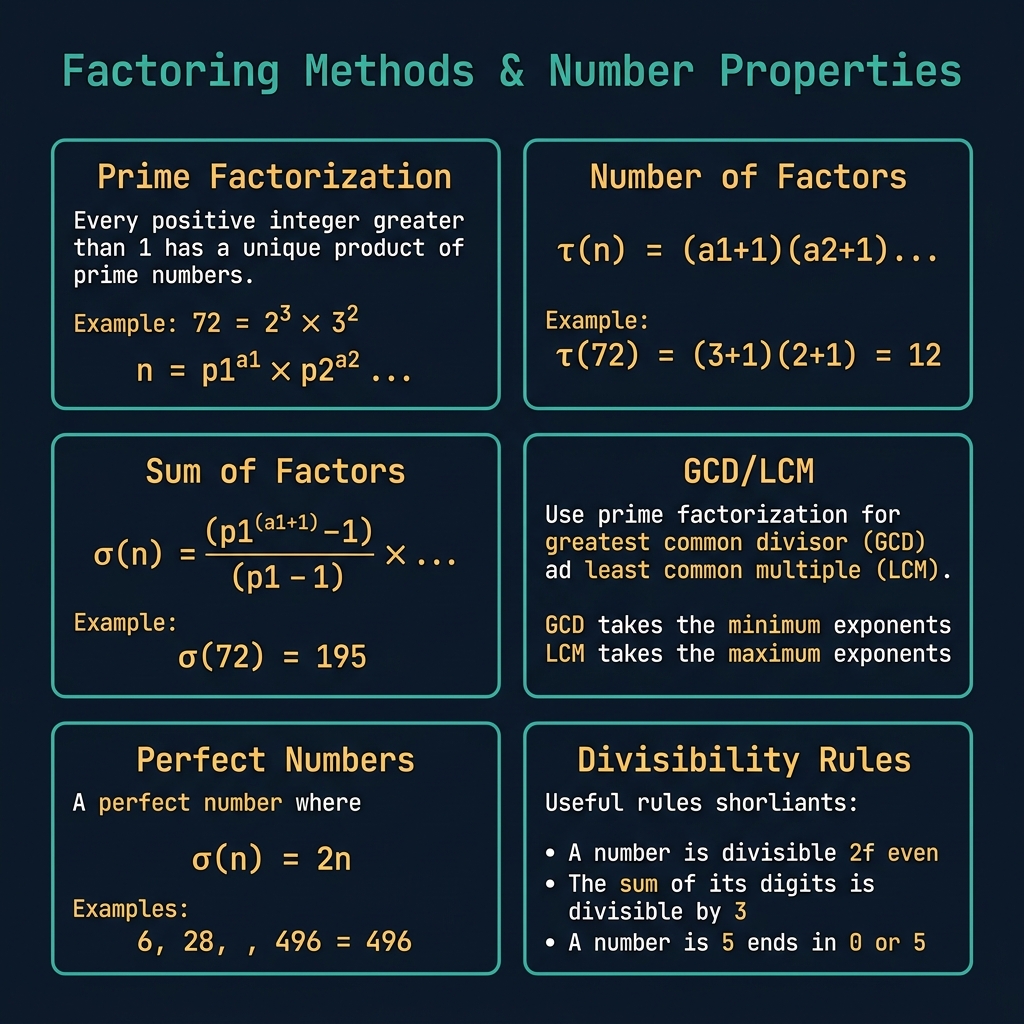 Number Theory Factoring Methods chart showing six cards: prime factorization unique product of primes example 72 equals 2-cubed times 3-squared, number of factors tau n formula with example tau 72 equals 12, sum of factors sigma n formula with example sigma 72 equals 195, GCD LCM using prime factorization min and max exponents, perfect numbers sigma n equals 2n examples 6 28 496, divisibility rules for 2 3 5 7 11 on dark navy background teal borders amber monospace text