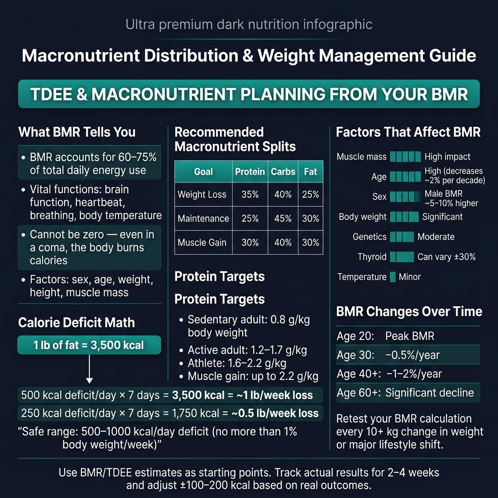 TDEE and macronutrient planning guide with protein targets, calorie deficit math, and BMR factors