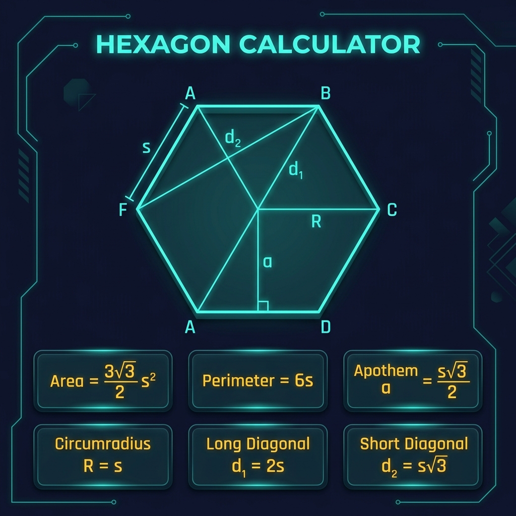 Hexagon Calculator showing all six regular hexagon formulas: area, perimeter, apothem, circumradius, long diagonal, and short diagonal with teal neon visual on dark background
