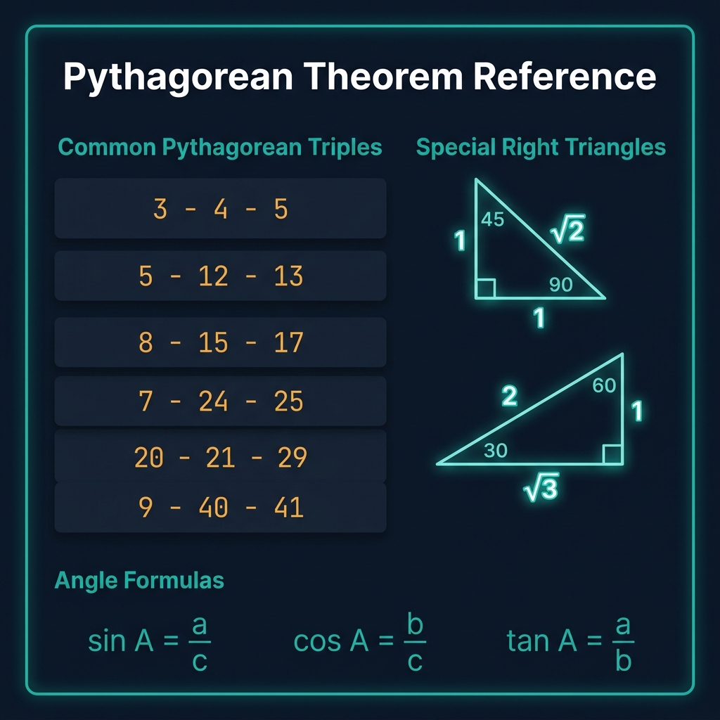 Pythagorean triples reference chart showing common integer triples (3-4-5, 5-12-13, 8-15-17, 7-24-25), two special right triangle diagrams for 45-45-90 with sides 1, 1, √2 and 30-60-90 with sides 1, √3, 2, and angle formulas sin A = a/c, cos A = b/c, tan A = a/b, on a dark premium navy background with teal borders and amber monospace text