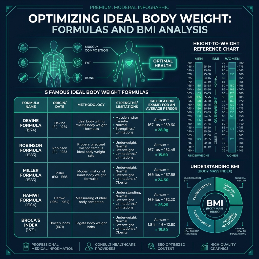 Ideal body weight formula comparison infographic showing Devine, Robinson, Miller, Hamwi, and Peterson BMI Prime formulas for men and women with example calculations