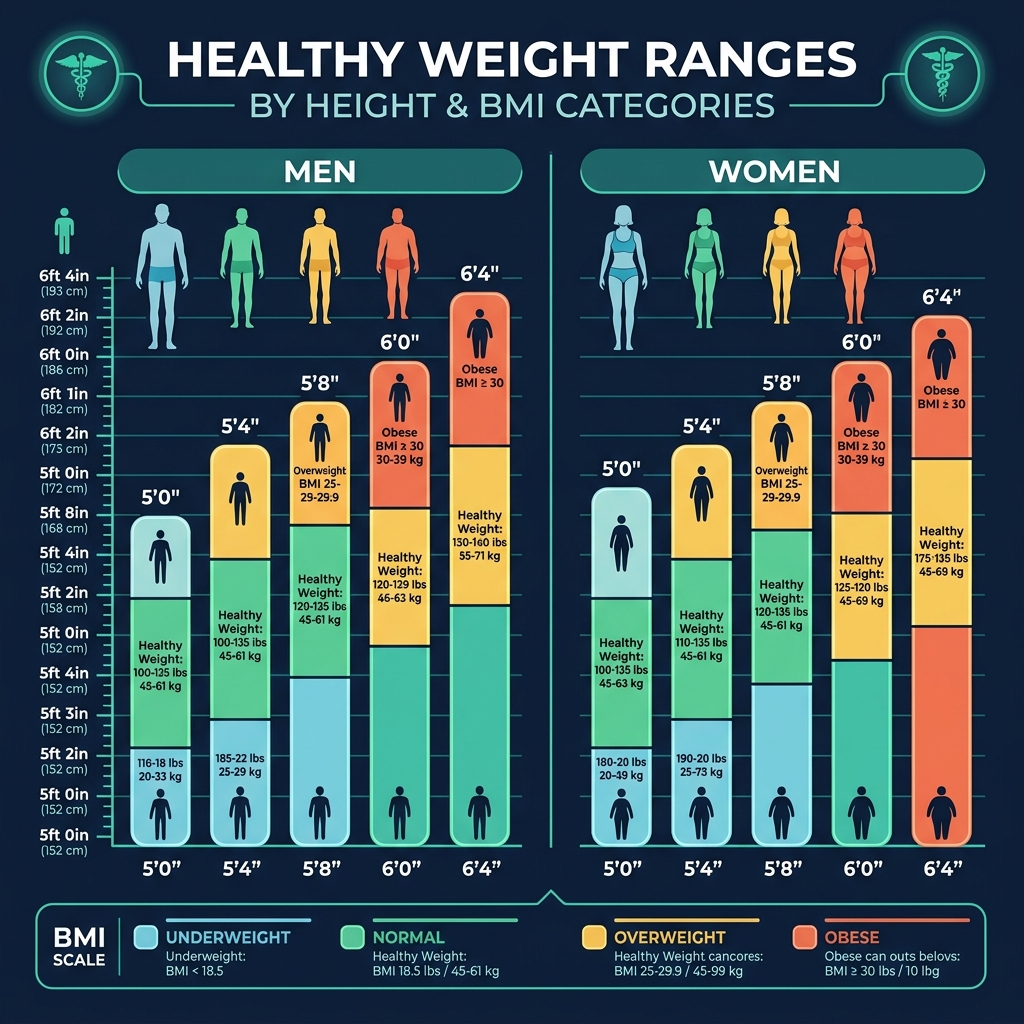 Healthy weight by height chart showing BMI normal range (18.5–24.9) in both pounds and kilograms for heights from 5 feet to 6 feet 4 inches, with separate lines for men and women