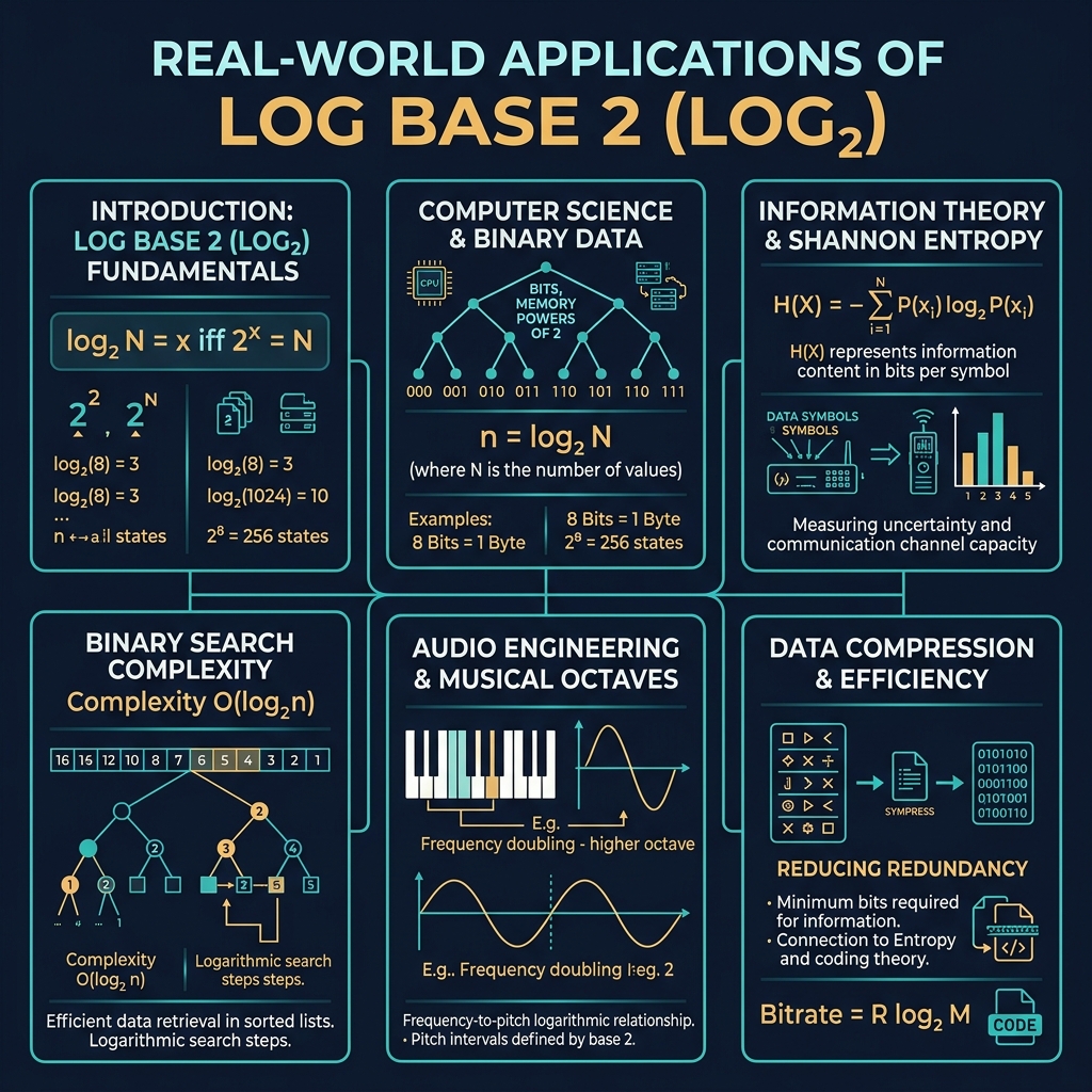 Log Base 2 applications infographic showing six use-cases: binary search O(log n) complexity tree, memory addressing and powers of 2 from 1 bit to 1 TB, information theory Shannon entropy formula, audio octave doubling of frequency, data compression Huffman coding, and algorithm complexity comparison table on dark navy background with teal border cards