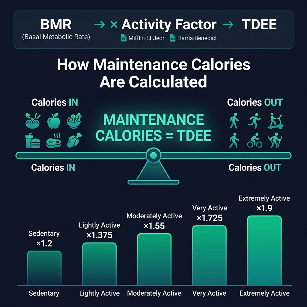 How maintenance calories are calculated — BMR multiplied by activity factor equals TDEE infographic