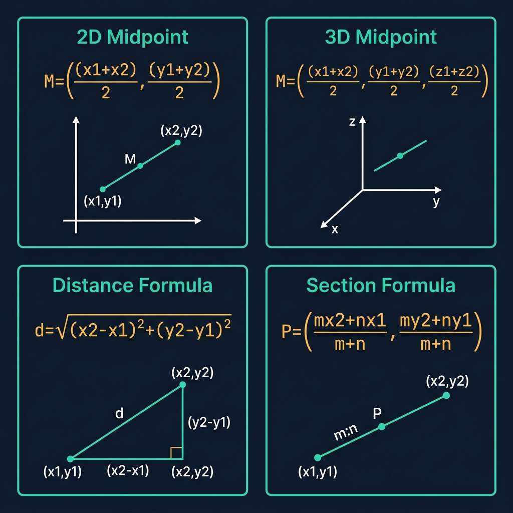 Coordinate geometry reference chart showing 2D midpoint formula, 3D midpoint formula, distance formula with Pythagorean triangle visual, and section formula for internal division in ratio m:n, on a dark premium navy background with teal borders and amber monospace formula text