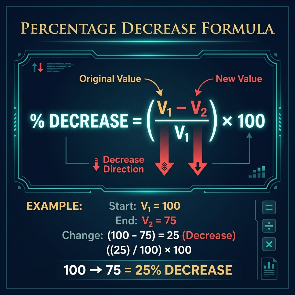 Percentage Decrease Calculator formula infographic showing % Decrease = ((V₁ − V₂) / V₁) × 100 on dark navy background with example 100 to 75 equals 25 percent decrease