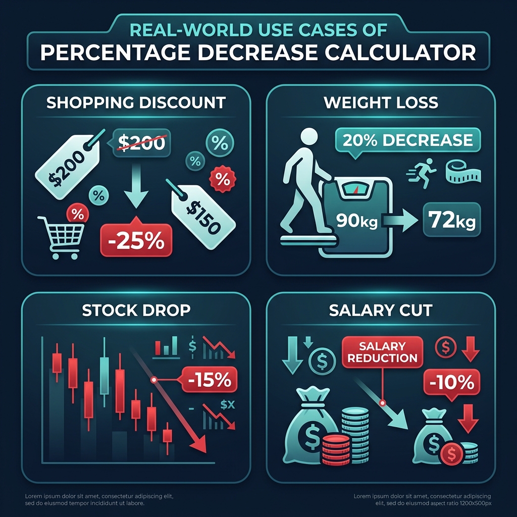 Percentage decrease use cases infographic showing discount, weight loss, stock drop, and salary cut scenarios on dark navy background
