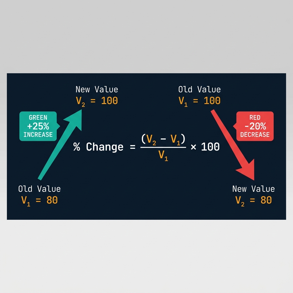 Percentage Increase Calculator infographic on dark navy background showing the formula % Change = ((New Value − Old Value) / |Old Value|) × 100 with color-coded arrows visualizing increase (teal/green upward arrow) and decrease (red downward arrow), with example: 80 to 100 = +25%, and 100 to 80 = -20%