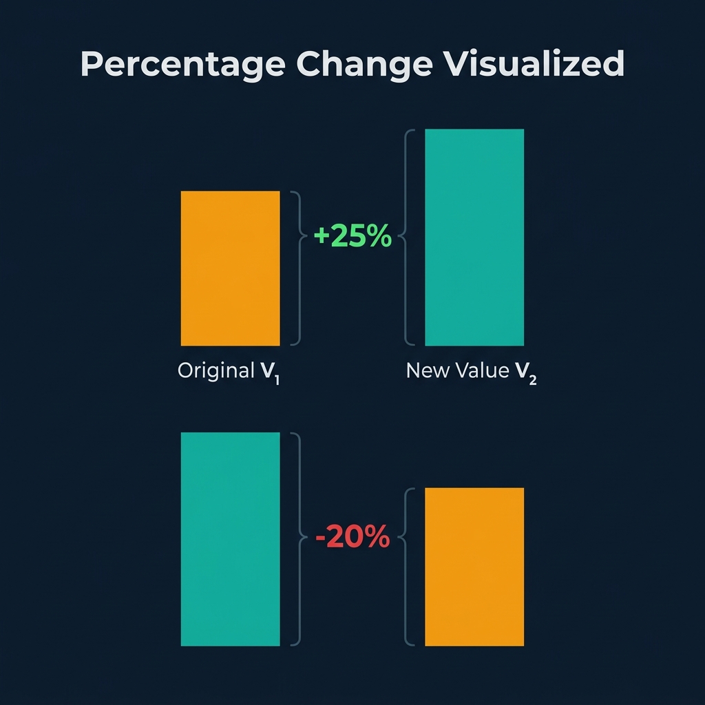 Percentage increase visual chart on dark navy background showing a bar comparison between original value (amber bar, V₁) and new value (teal bar, V₂), with the percentage change arrow labeled +25% in green or -20% in red, and formula annotations, on premium dark teal-themed background
