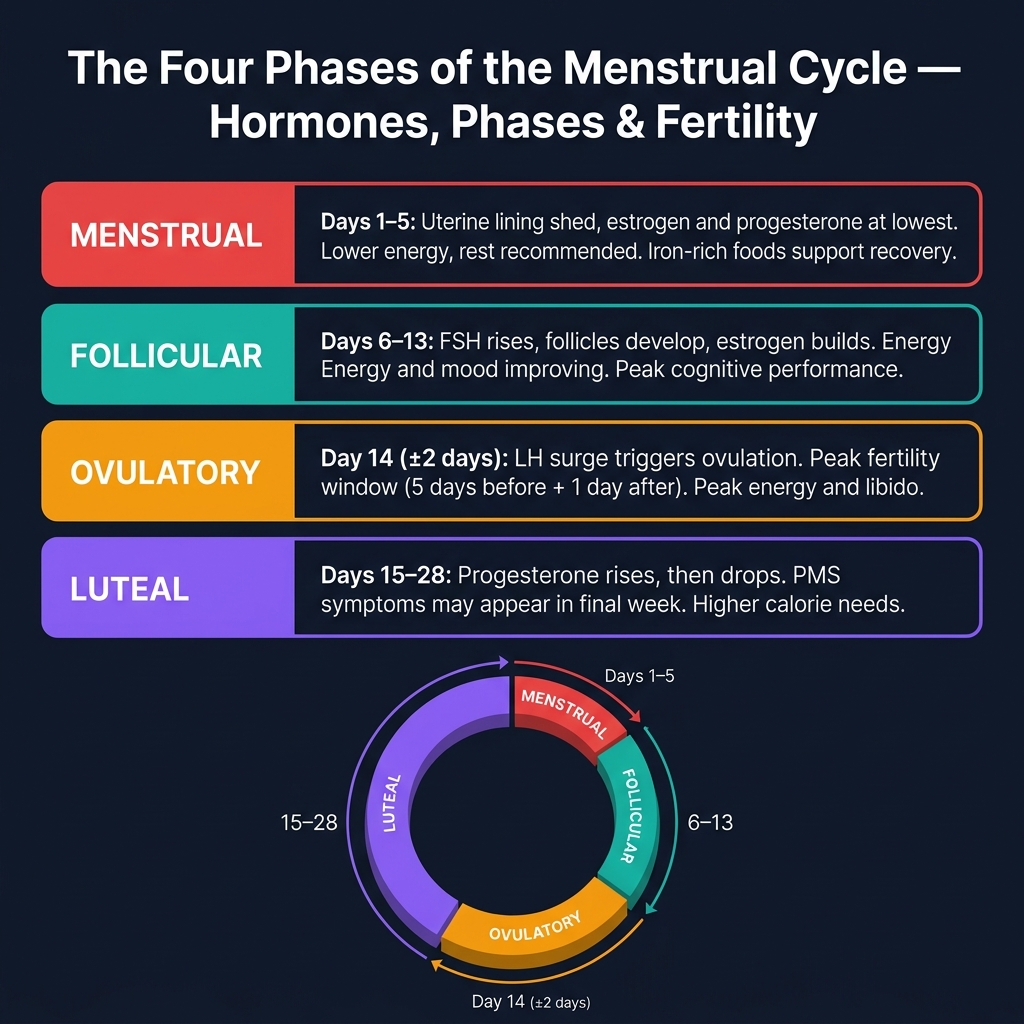 The four phases of the menstrual cycle — menstrual, follicular, ovulatory, and luteal phases with hormone patterns and symptoms