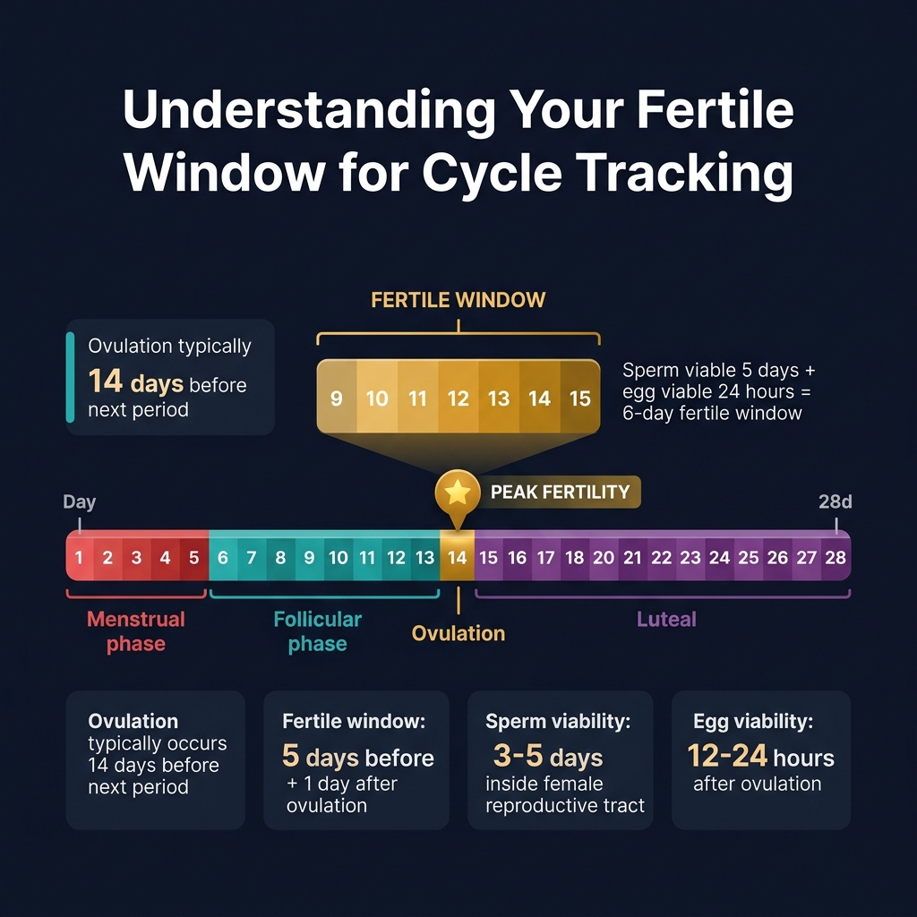 Fertile window calculator — ovulation timing, sperm viability, and 6-day fertility window visualization for cycle tracking
