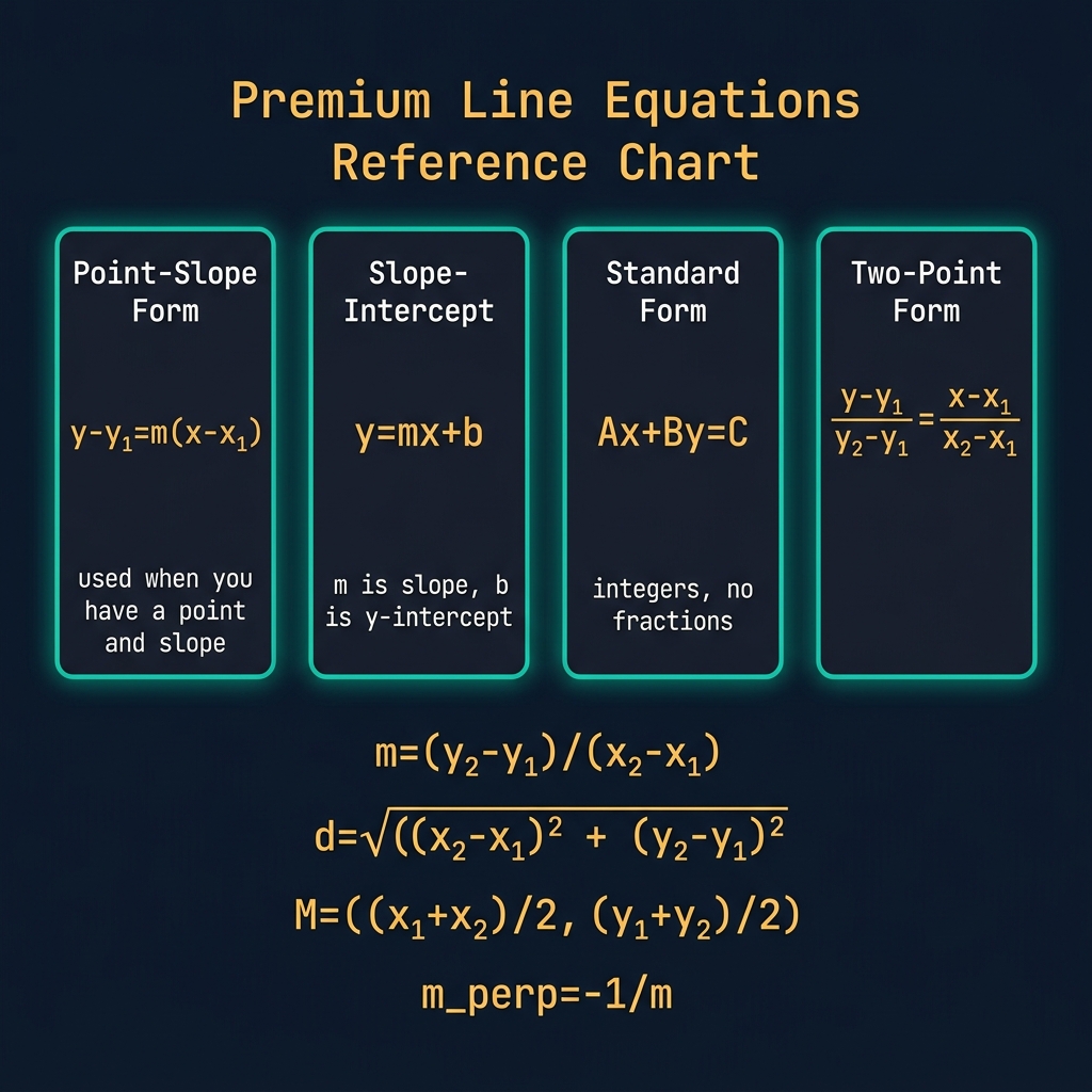 Line equations reference chart showing four columns: Point-Slope Form y-y₁=m(x-x₁), Slope-Intercept y=mx+b, Standard Form Ax+By=C, Two-Point Form; with slope formula m=(y₂-y₁)/(x₂-x₁), distance formula, midpoint formula, and perpendicular slope formula m_perp=-1/m, on dark navy background with teal borders and amber monospace text