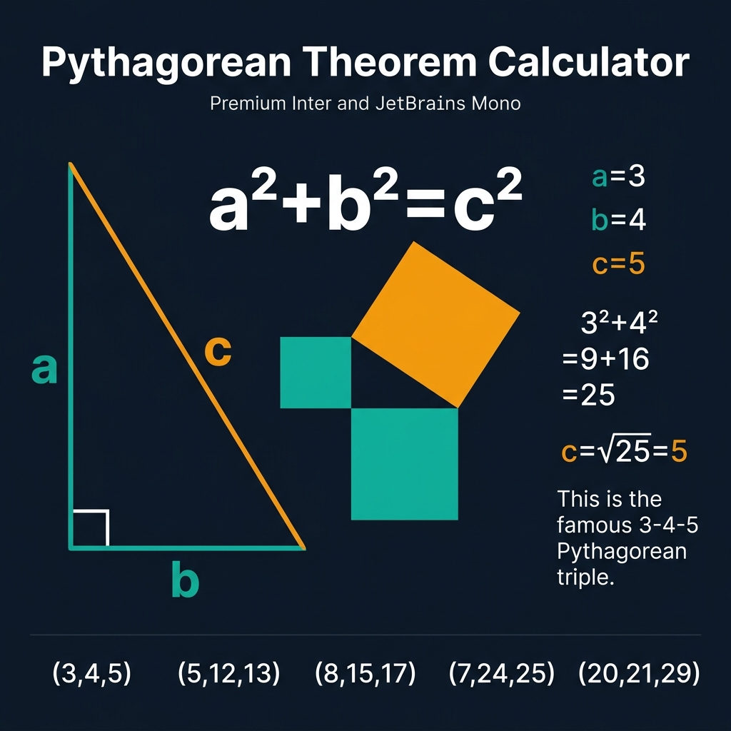 Pythagorean Theorem Calculator infographic showing right triangle with legs a and b in teal and hypotenuse c in amber, the formula a²+b²=c² in large white text with colored square areas on each side, worked example 3²+4²=9+16=25 giving c=5, and 5 common Pythagorean triples (3,4,5)(5,12,13)(8,15,17)(7,24,25)(20,21,29) on dark navy premium background
