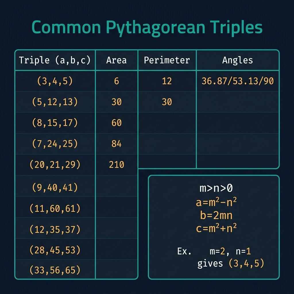 Pythagorean Triples reference chart showing 10 common triples with area, perimeter and angles, plus Euclid