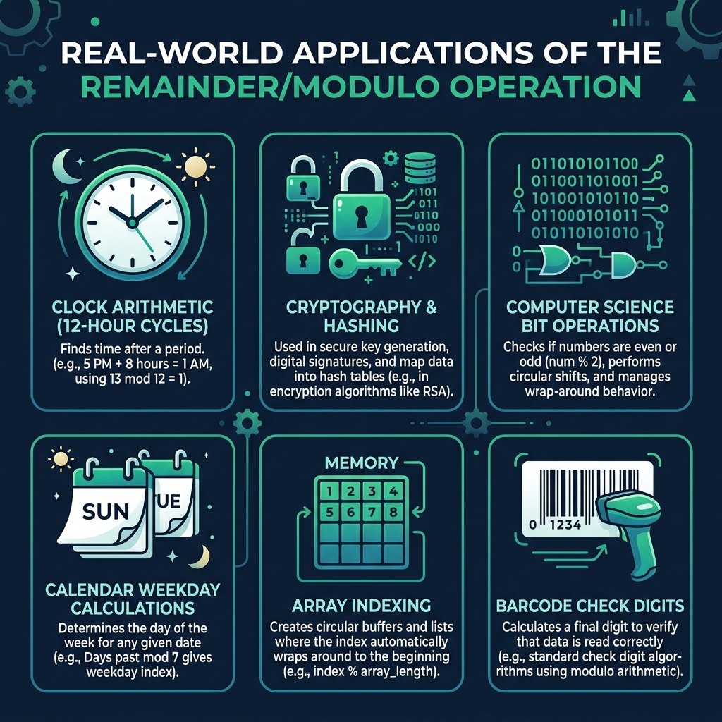 Chart showing real-world applications of modulo and remainder operations: clock arithmetic for time calculations, cryptography and RSA encryption, computer science array indexing, calendar weekday calculations, barcode and ISBN check digits, and hash table bucket assignment