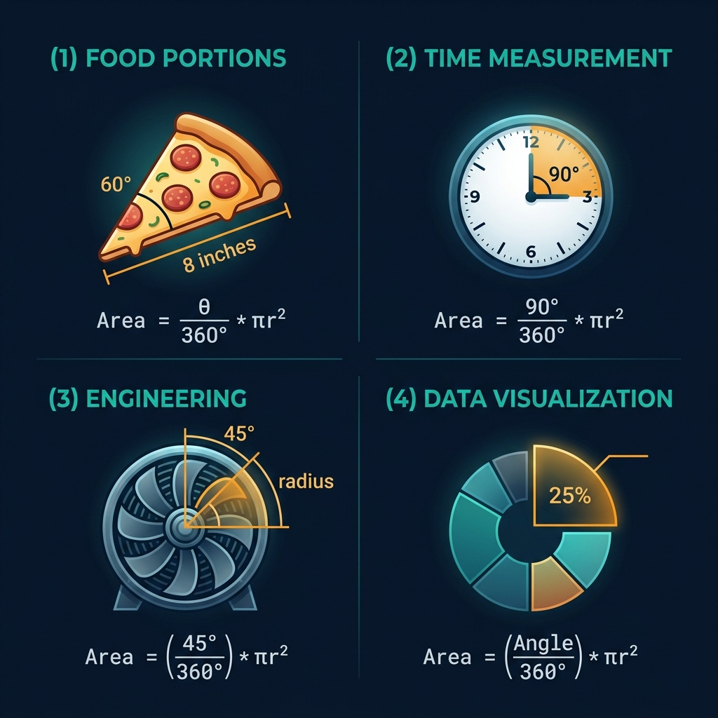 Sector area real-world applications infographic showing pizza slice, clock face 90 degree sector, industrial fan turbine blade, and pie chart segment on dark navy background with teal and amber accent colors