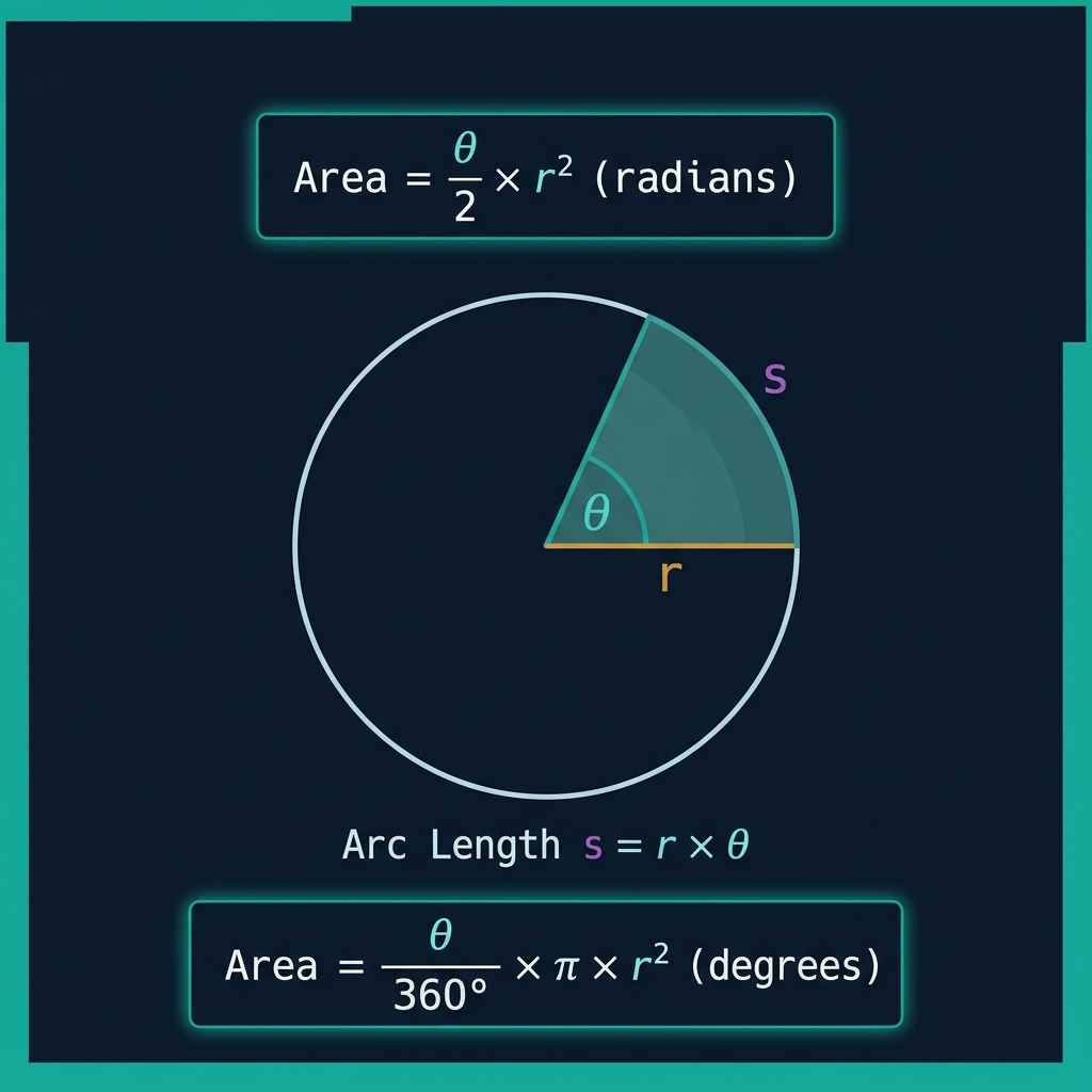 Sector Area Calculator formula infographic showing a circle with sector highlighted, radius r in amber, central angle θ in teal, arc length s in purple, with formulas Area = (θ/2)r² for radians and Area = (θ/360°)×πr² for degrees on dark navy background