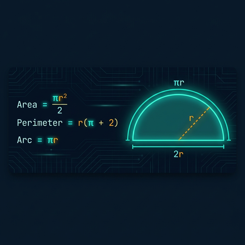 Semicircle Area Calculator showing the formula A = πr²/2 with a glowing teal semicircle, amber radius line, and labeled measurements on a dark premium background