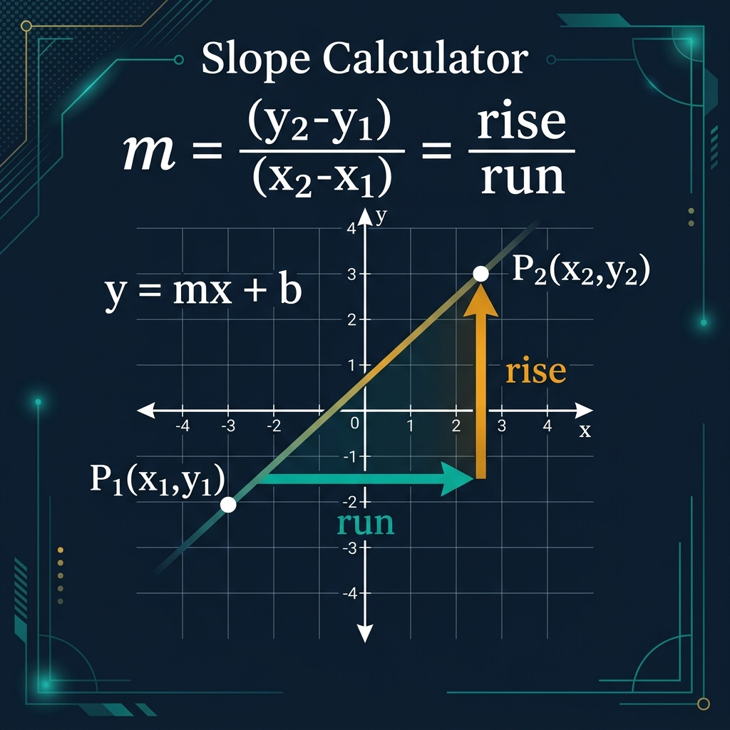 Slope calculator infographic showing the slope formula m equals y2 minus y1 divided by x2 minus x1, with a labeled coordinate plane showing two points, rise (vertical change) and run (horizontal change), and the resulting line equation y = mx + b
