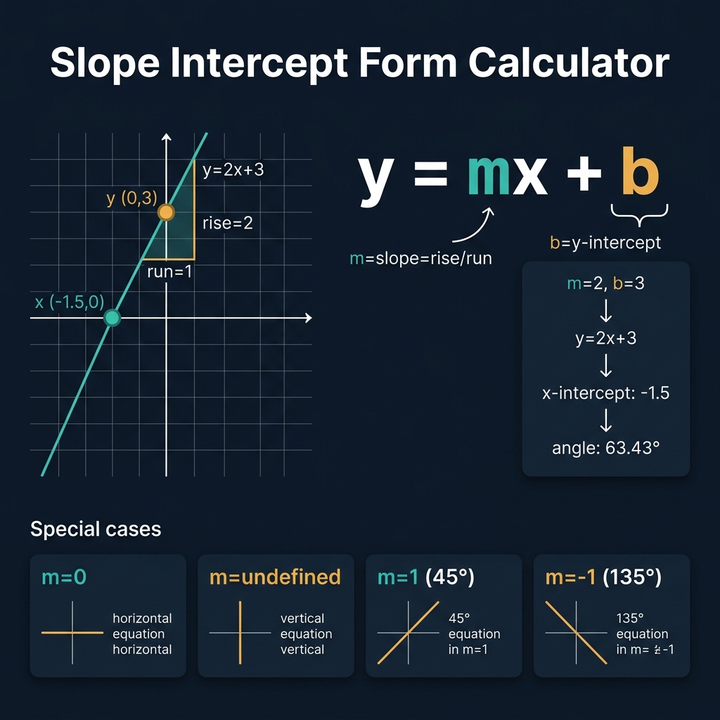 Slope Intercept Form Calculator infographic showing coordinate grid with line y=2x+3, slope triangle labeled rise=2 run=1, y-intercept (0,3) in amber, x-intercept (-1.5,0) in teal, large formula y=mx+b in white with m and b annotated, worked example m=2 b=3 giving y=2x+3 x-intercept -1.5 angle 63.43°, on dark navy premium background