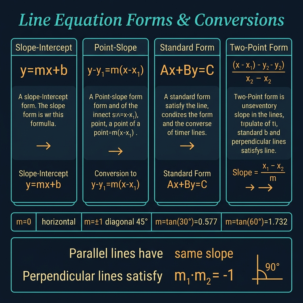 Line Equation Forms and Conversions chart showing four columns: Slope-Intercept y=mx+b, Point-Slope y-y₁=m(x-x₁), Standard Form Ax+By=C, Two-Point Form, with conversion arrows, special slope table for m=0/±1/tan(30)/tan(60), parallel same slope and perpendicular m₁m₂=-1 rules, on dark navy background with teal borders and amber monospace text