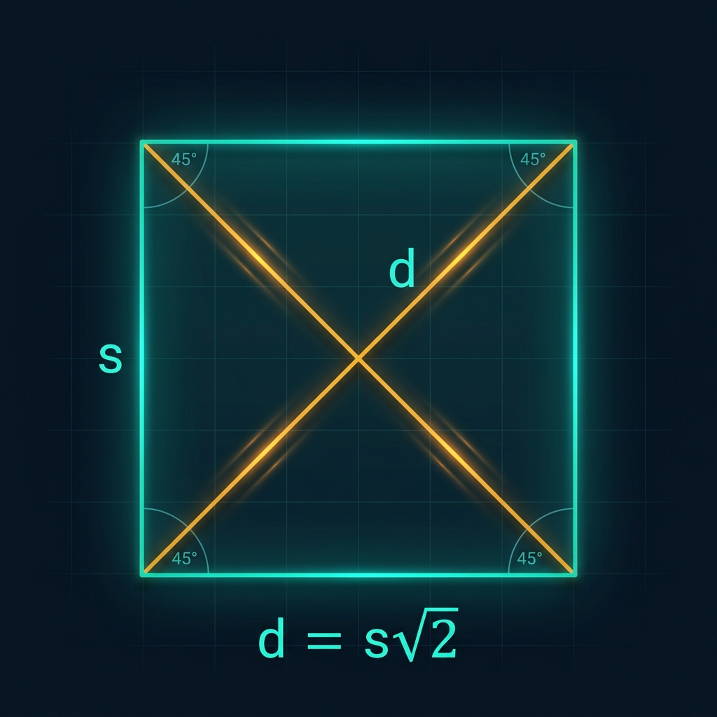 Square Diagonal Calculator showing the formula d = s√2 with a teal neon square diagram, diagonal lines in amber, and labeled measurements on dark premium background