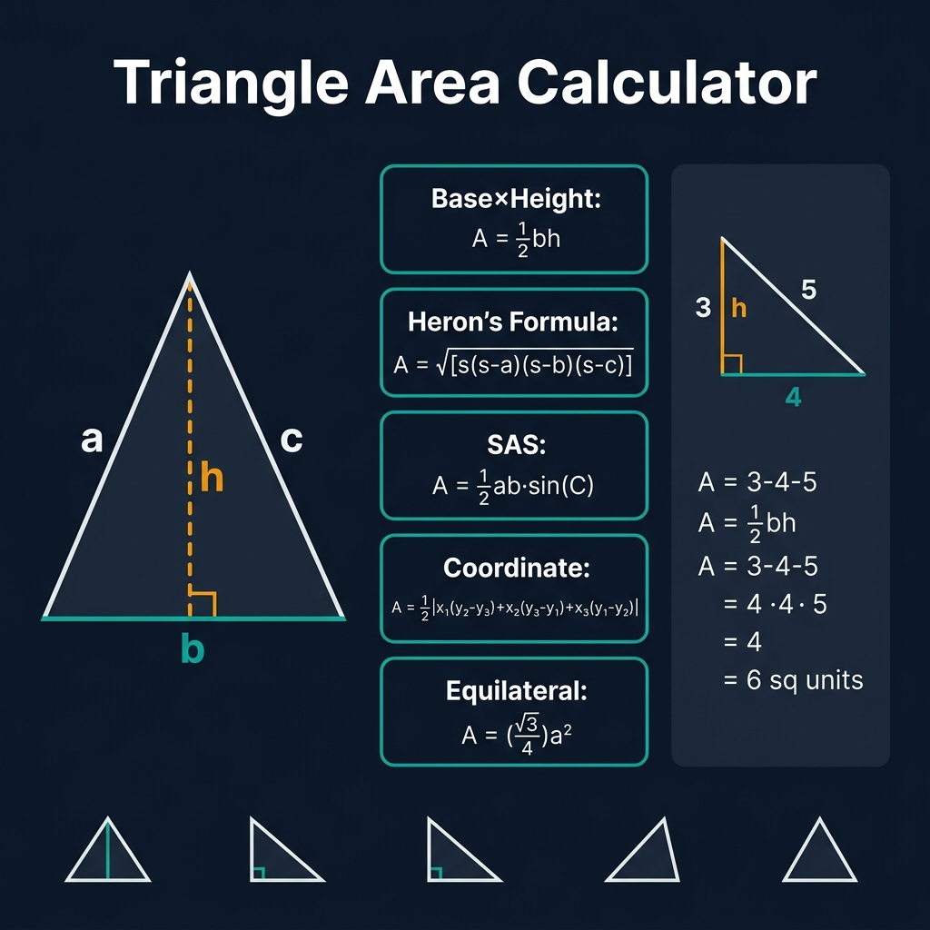 Triangle Area Calculator infographic showing a labeled triangle with base b teal and height h amber, five area formula cards (base-height half-bh, Heron