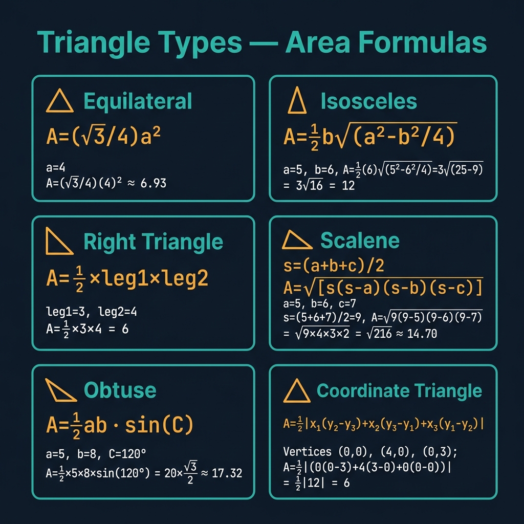 Triangle Types and Area Formulas chart showing six triangle cards: equilateral A=(√3/4)a² example, isosceles A=½b√(a²-b²/4), right triangle A=½×leg1×leg2, scalene Heron