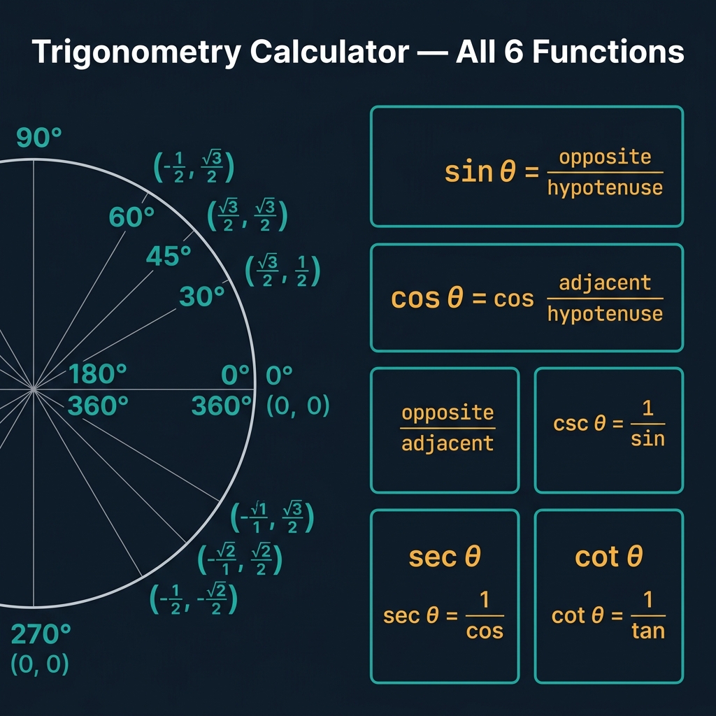 Trigonometry Calculator infographic showing the unit circle with labeled key angles and a 2x3 grid of all six trig function definitions — sin, cos, tan, csc, sec, cot — with their opposite/adjacent/hypotenuse ratios on a dark navy teal-themed background