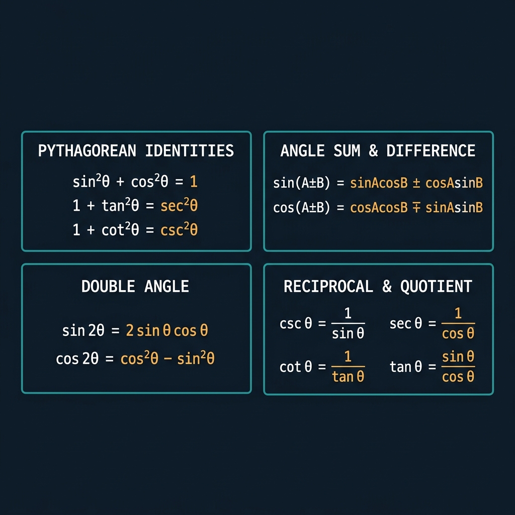Trigonometric identities reference chart showing Pythagorean identities (sin²θ + cos²θ = 1), angle sum and difference formulas, double angle formulas, and reciprocal/quotient identities on a dark premium navy background with teal borders