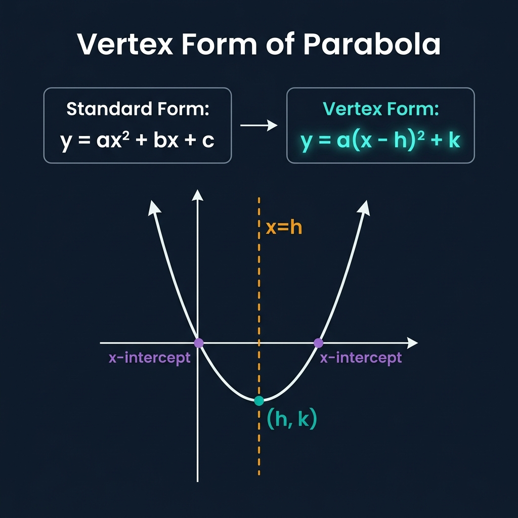 Vertex Form Calculator infographic showing parabola on coordinate axes with vertex (h,k) labeled in teal, axis of symmetry x=h in amber, x-intercepts in purple, and formulas Standard Form y=ax²+bx+c and Vertex Form y=a(x-h)²+k on dark navy background